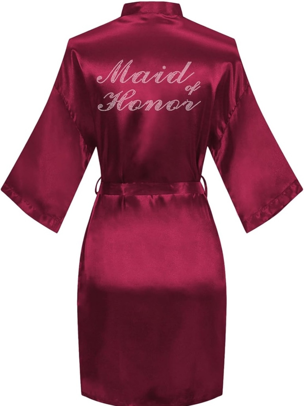 Maid of Honor Burgundy Satin Robe, Rhinestone Back